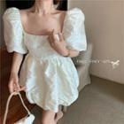 Jacquard Puff-sleeve Cutout-back Mini A-line Dress