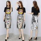 Set: Short-sleeve T-shirt + Printed Pencil Skirt