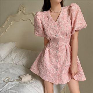 Puff-sleeve V-neck Jacquard Mini A-line Dress