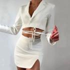 Set: Cropped Blazer + Tie-waist Slit Mini Skirt
