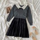 Collared Mohair Sweater / Velvet Midi A-line Skirt / Set