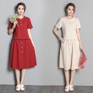 Set: Plain Short Sleeve Henley T-shirt + Midi A-line Skirt