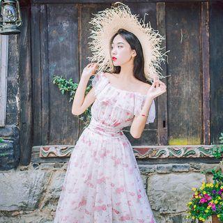 Off-shoulder Floral Short-sleeve Midi A-line Dress