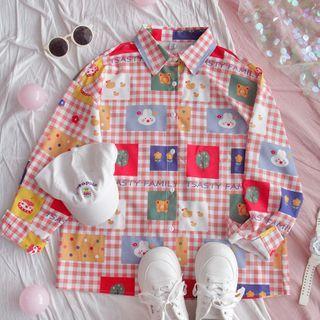 Plaid Cartoon Print Long-sleeve Shirt As Shown In Figure - One Size