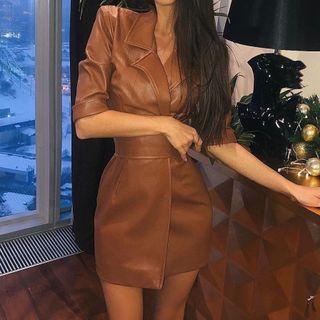 Faux Leather Elbow-sleeve Mini Bodycon Dress