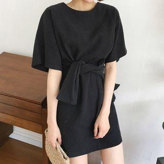 Elbow-sleeve Linen Mini Dress