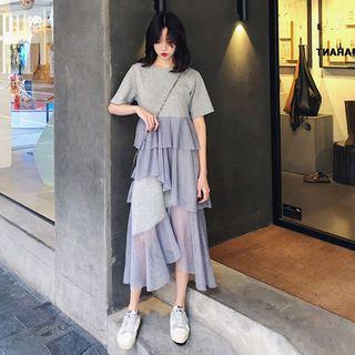 Short-sleeve Mesh Panel Layered T-shirt Dress