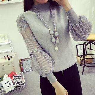 Lace Lantern-sleeve Mock Neck Sweater