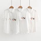 Short-sleeve Cat Embroidered Pinstriped Shirt
