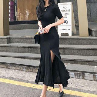 Short-sleeve Midi Split Sheath Dress