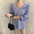 Asymmetric Striped 3/4-sleeve Loose-fit Shirt Top - As Figure - One Size