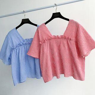 Check Frilled V-neck Cropped Top