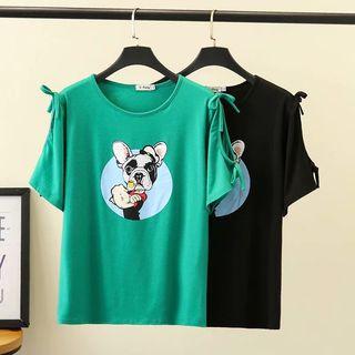 Short-sleeve Cold Shoulder Cartoon Print T-shirt