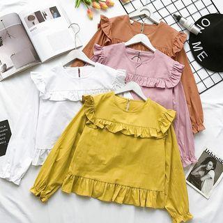 Plain Peter-pan Collar Ruffle Linen Cropped Blouse