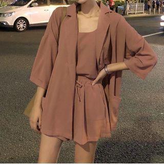 Set: Plain 3/4-sleeve Blazer + Camisole + Shorts