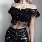 Lace-up Off-shoulder Short-sleeve Lace Cropped Top