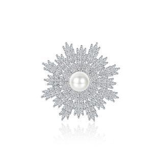 Elegant And Bright Snowflake Imitation Pearl Brooch With Cubic Zirconia Silver - One Size