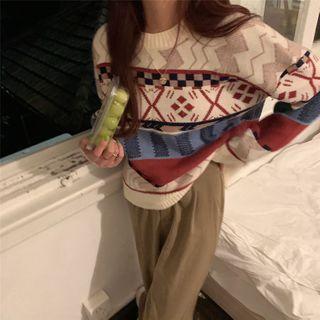 Patterned Sweater Almond & Red & Blue - One Size
