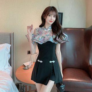 Set: Short-sleeve Floral Panel Mini A-line Dress + Shorts