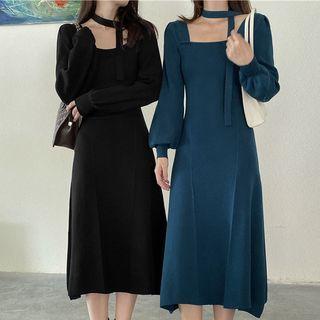 Long-sleeve Square Neck Plain Knit Midi A-line Dress