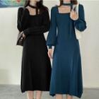 Long-sleeve Square Neck Plain Knit Midi A-line Dress