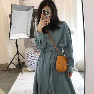 Long-sleeve Midi Shirtdress Grayish Blue - One Size