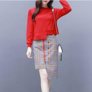 Set: Plain Pullover + Plaid Straight Fit Skirt
