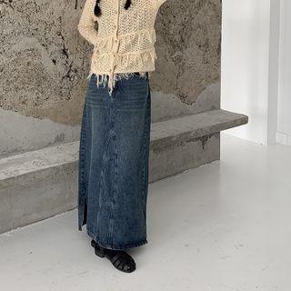 High-waist Washed Denim A-line Split Maxi Skirt