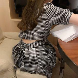 Short-sleeve Cutout Plaid A-line Dress