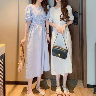 Puff Sleeve Plain Drawstring Waist Midi A-line Dress
