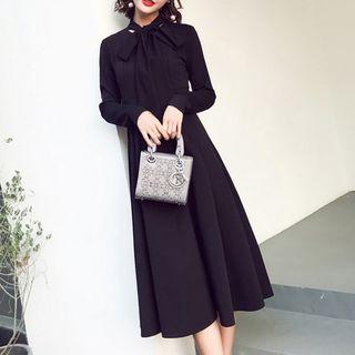 Long-sleeve Tie-neck Midi A-line Dress