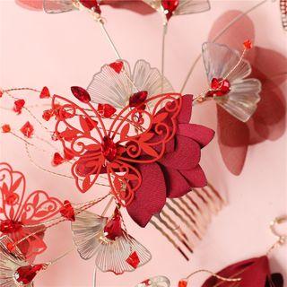 Set: Wedding Butterfly Hair Comb + Dangle Earring Set - Red & Transparent - One Size