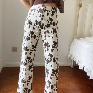 Milk Cow Print Mid Rise Straight Leg Pants