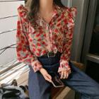 Floral V-neck Ruffled-trim Long-sleeve Blouse As Shown In Figure - One Size