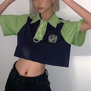 Elbow-sleeve Collar Two-tone Cropped T-shirt