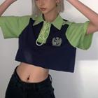 Elbow-sleeve Collar Two-tone Cropped T-shirt