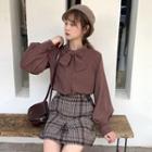Ribbon Blouse And Wool Plaid Mini Skirt