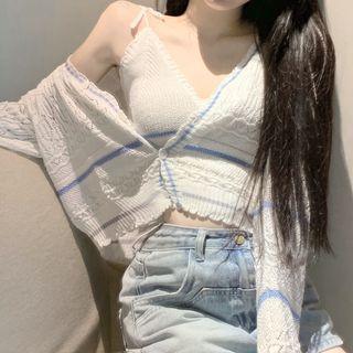 Set: Long-sleeve Knit Striped Cardigan / V-neck Striped Knit Camisole Top