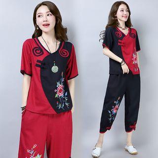 Set: Embroidered Short-sleeve Top + Embroidered Cropped Pants