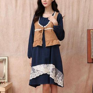 Set: Lace-trim Vest + Lace-hem Dress