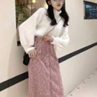 Plain Turtle-neck Loose-fit Sweater / Fringed Skirt