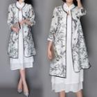 Set: Floral Print 3/4 Sleeve Light Jacket + Sleeveless Cheongsam