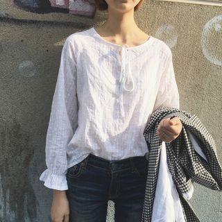 Long-sleeve Lace-up Top White - One Size