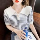 Short-sleeve Wide-collar Striped Top