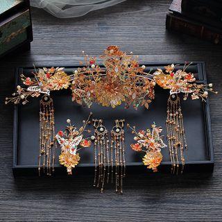 Set: Wedding Alloy Branches Hair Comb + Hair Stick + Fringed Earring + Hair Clip Set - Gold - One Size