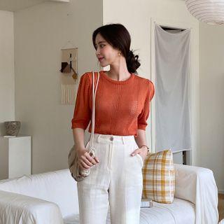 Puff-shoulder Sheer Knit Top