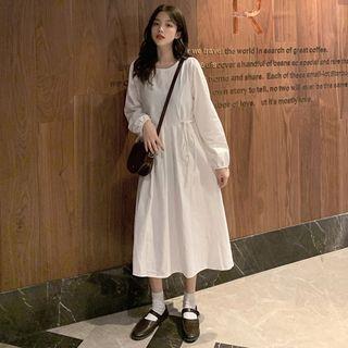 Plain Balloon-sleeve Midi A-line Dress