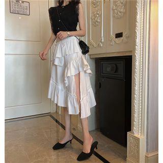 Sleeveless Lace Trim Blouse / Ruffle Asymmetrical Pencil Skirt
