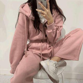 Set : Plain Long-sleeve Hoodie + High-waist Wide Leg Pants