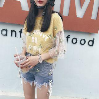 Leaf Embroidered Mesh Overlay Elbow-sleeve T-shirt